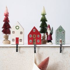 Wood Block Holiday House Stocking Holder Set of 3