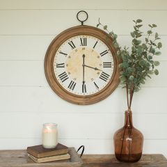 Wood Framed Antiqued Metal Wall Clock