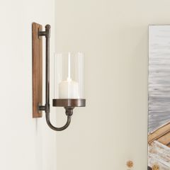 Wood Plaque Wall Sconce With Cylinder Glass