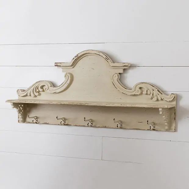 Distressed Intricate Shelf With Hooks Antique Farmhouse