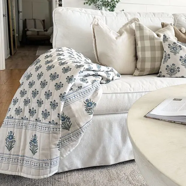Floral Block Print Quilted Throw Antique Farmhouse