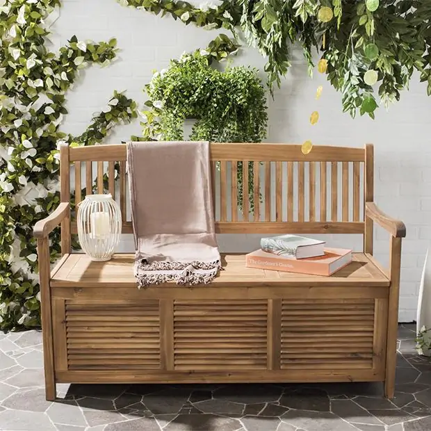 Natural Wood Patio Storage Bench, Small Outdoor Seat With Storage