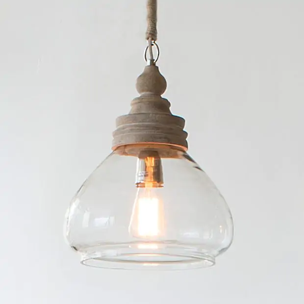 15 Inch Glass and Mango Wood Pendant Light Antique Farmhouse