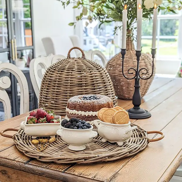 2 Piece Rattan Food Cover With Handles Antique Farmhouse