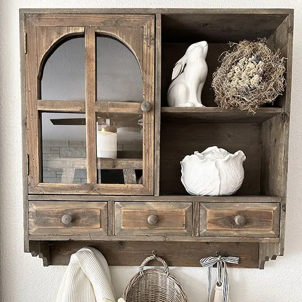 3 Drawer Wooden Wall Cabinet with Hooks Antique Farmhouse