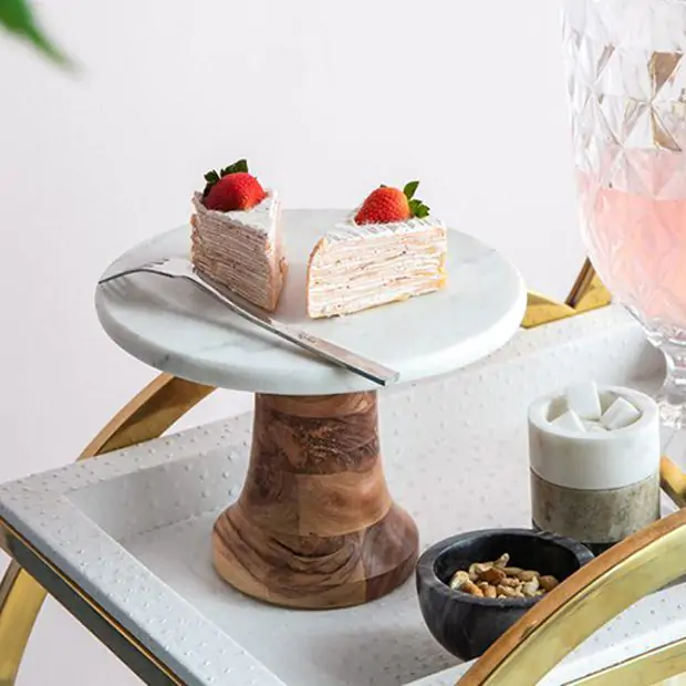 Acacia Wood and Marble Cake Stand Antique Farmhouse