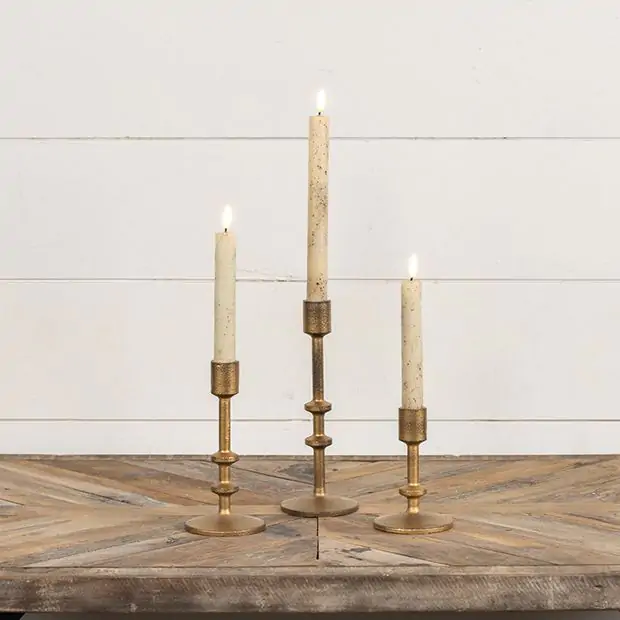 Set Of 3 Gold Metal Candle Holders - Vintage Tall Taper & Pillar Holders For Wedding & Home Decor