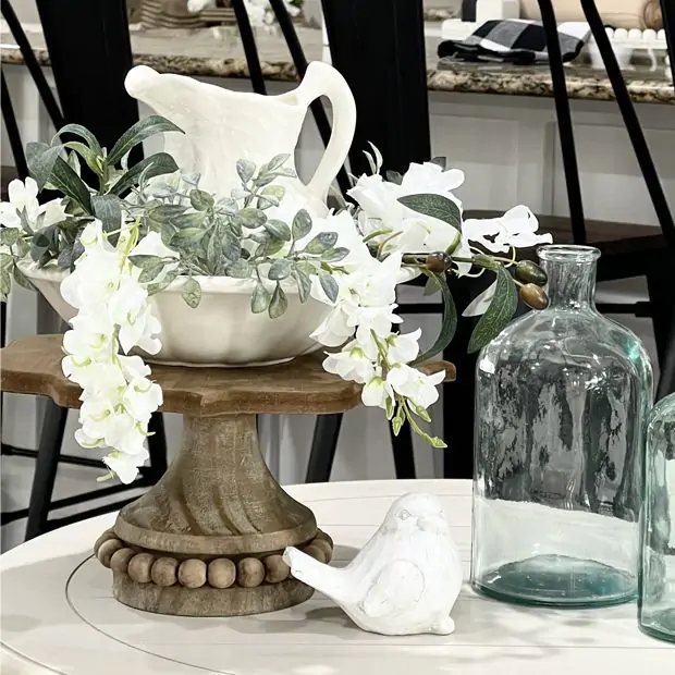 Beaded Base Wood Cake Stand Antique Farmhouse