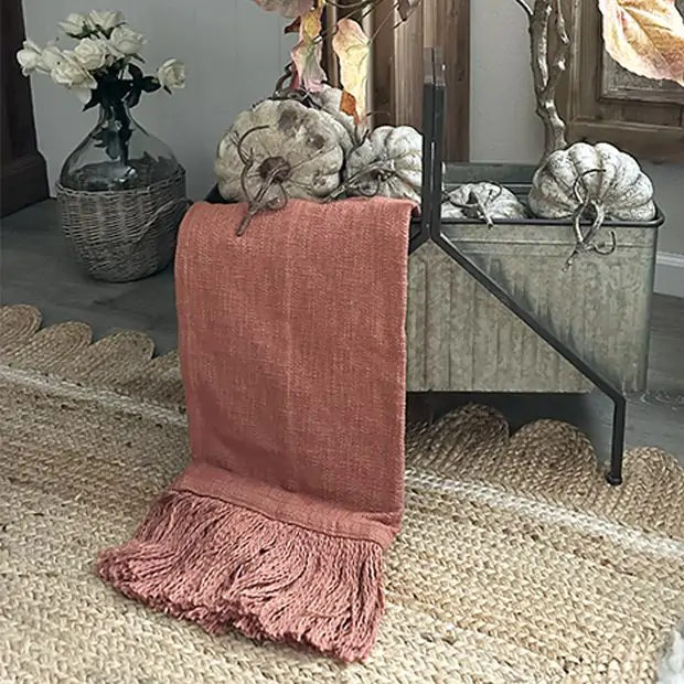Beautiful Boho Fringed Rust Throw Blanket Antique Farmhouse