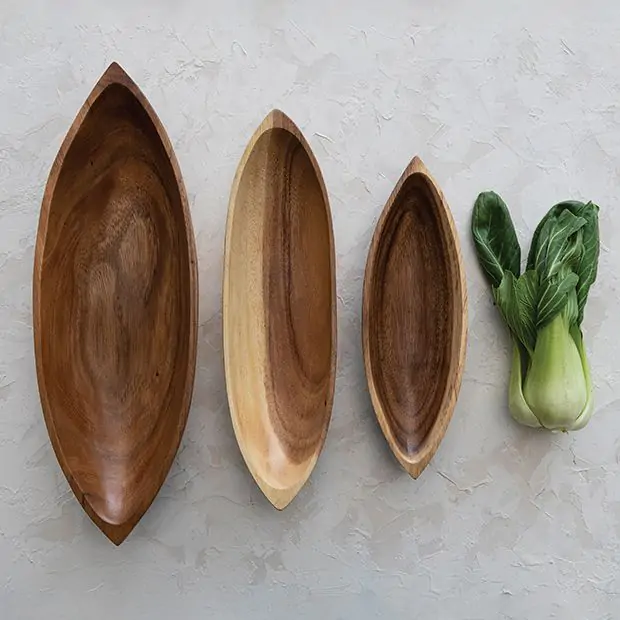 Boat Shaped Natural Wood Display Bowls Set of Antique Farmhouse