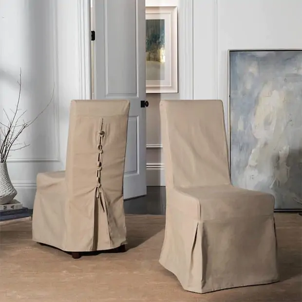 Bow Tied Linen Slipcover Dining Chair Set of 2 Antique Farmhouse