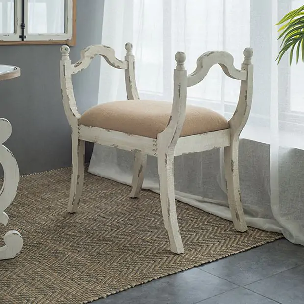 Burlap Upholstered Vanity Bench Antique Farmhouse