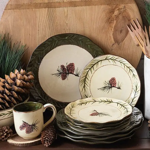 Cabin Pine 16 Piece Ceramic Dish Set Antique Farmhouse