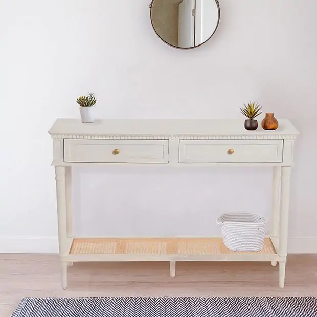 Carved Wood and Cane Console Table Antique Farmhouse