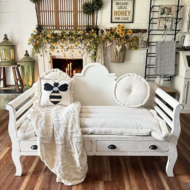 Chic Scroll Arm Bench With Cushion Antique Farmhouse