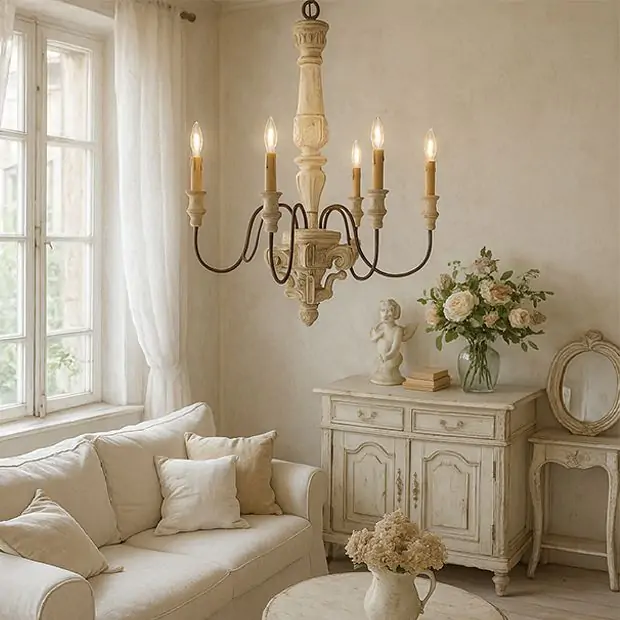 Classic Light Wood and Metal Chandelier Antique Farmhouse