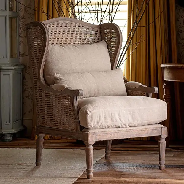 Cottage Farmhouse Cushioned Wing Back Chair Antique Farmhouse
