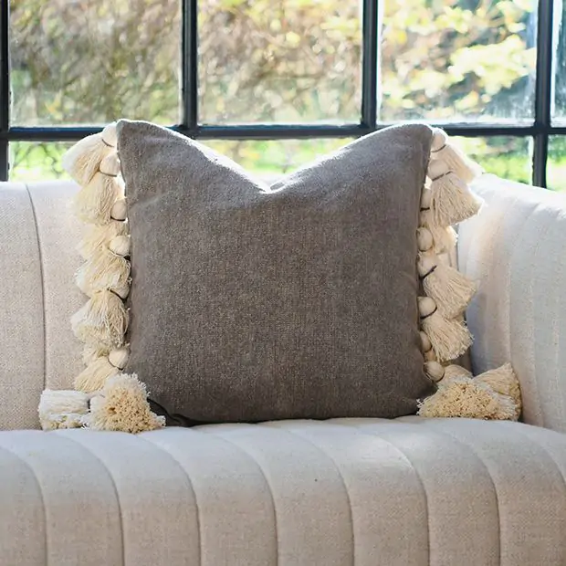 Cotton Chenille Throw Pillow With Tassels Antique Farmhouse
