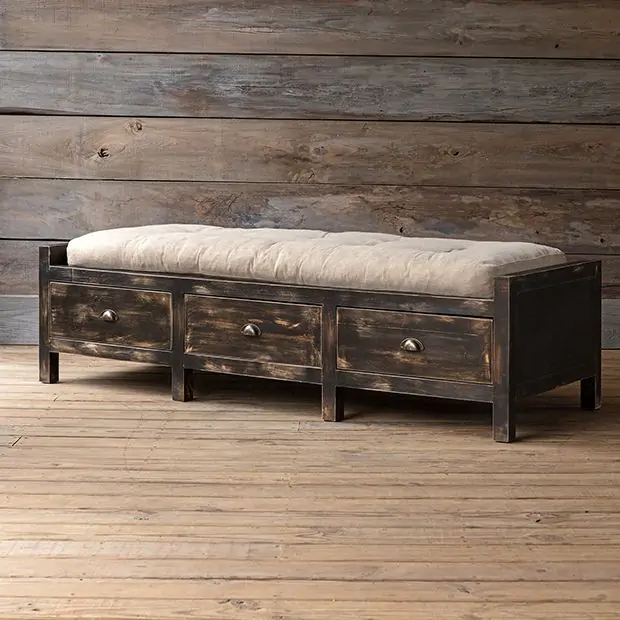 Cushion Top Rustic 3 Drawer Storage Bench Antique Farmhouse