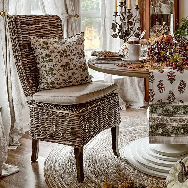 Cushioned Seat Rattan Dining Chair Antique Farmhouse