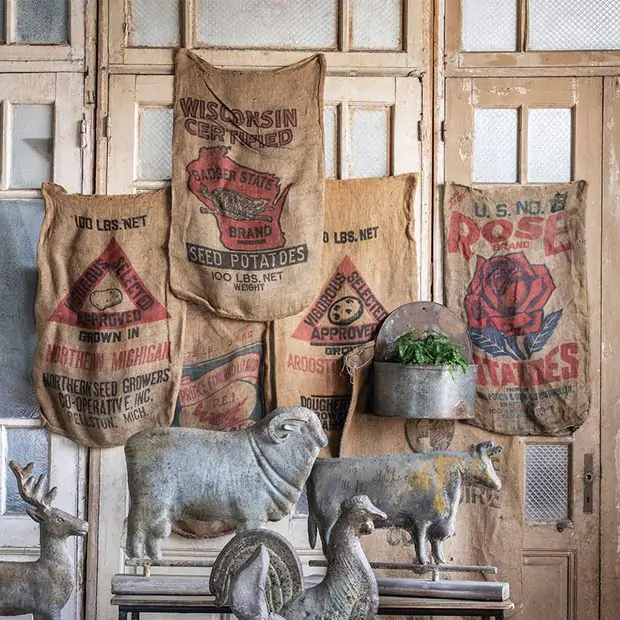 Decorative Burlap Feed Sack Set of 2 Antique Farmhouse