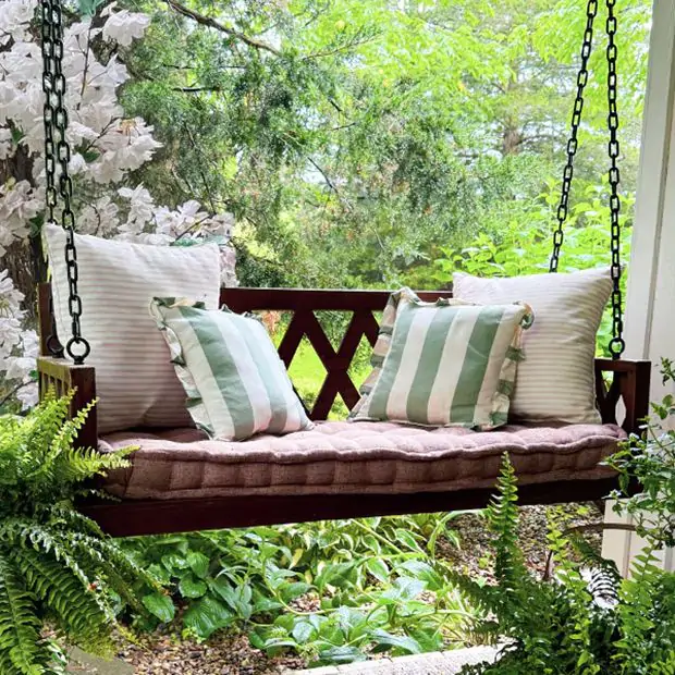 Distressed Brown Wood Porch Swing with Cushion Antique Farmhouse