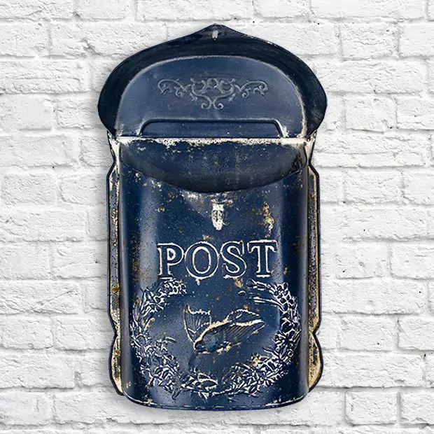 Distressed Blue Embossed Tin Mailbox – French Country Style Surface Mount With Hopper & Baffle, Rustic Decorative Outdoor Post Box