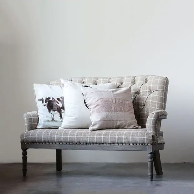 Farmhouse Upholstered and Jute Settee Antique Farmhouse