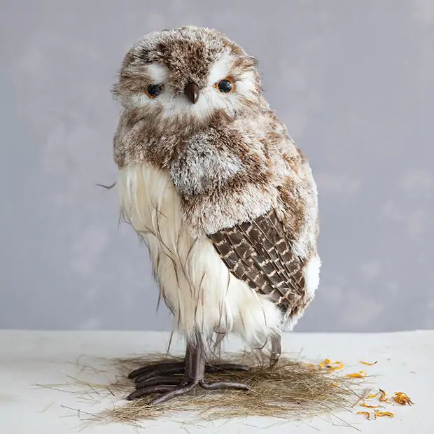 Faux Fur Feathered Owl Figurine | Antique Farmhouse