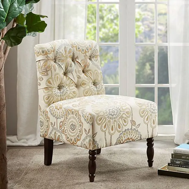 Floral Pattern Tufted Armless Chair Antique Farmhouse