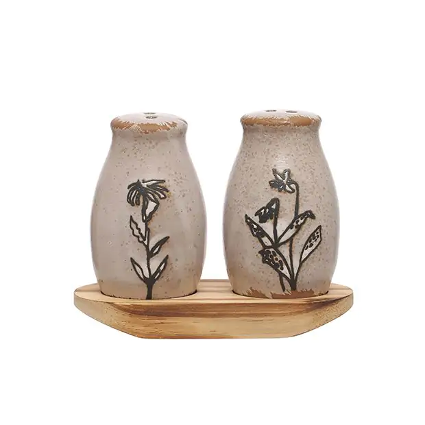 Floral Stoneware Salt and Pepper Shakers with Tray Set of 2