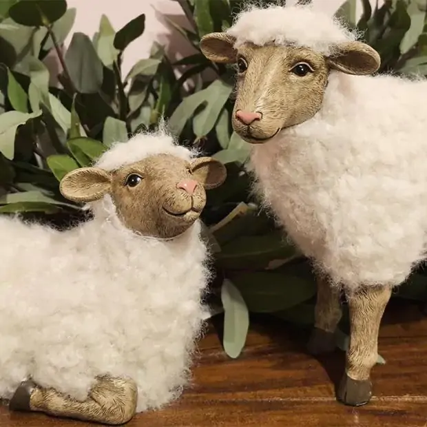 Fluffy Farmhouse Sheep Figurine Set of 2 | Antique Farmhouse
