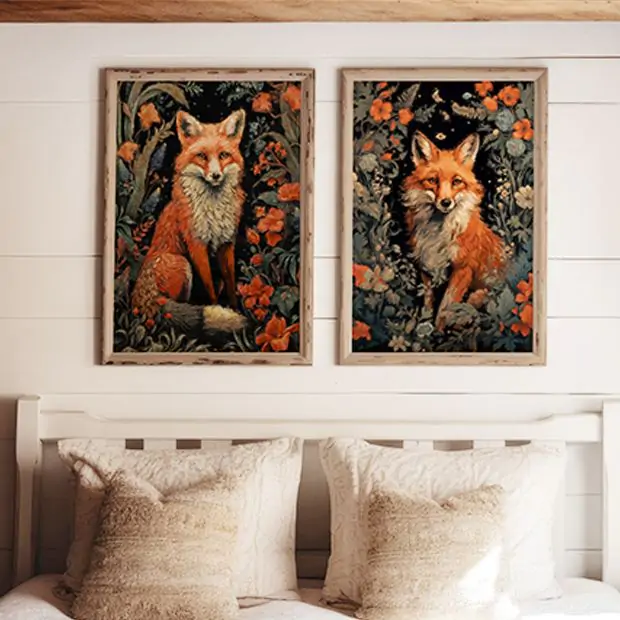 Fox In Wildflowers Ready To Frame Flat Canvas Print | Antique