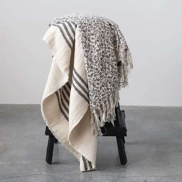 Frayed Edge Striped Cotton Throw Blanket Antique Farmhouse