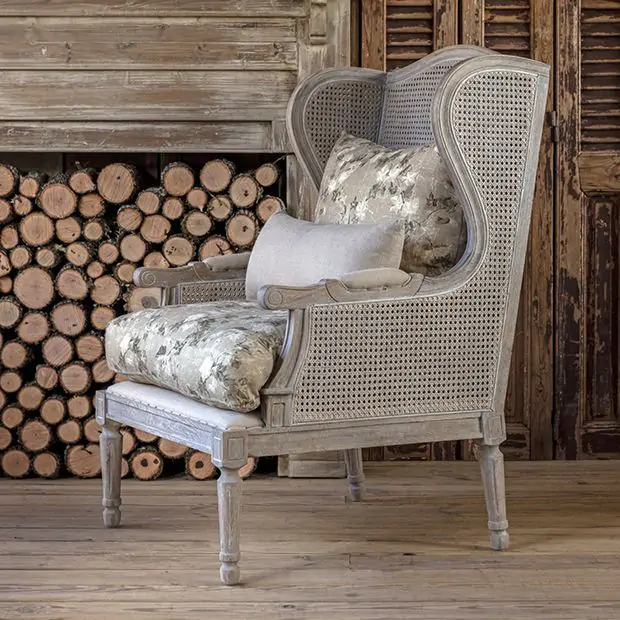 French Country Cane Wingback Arm Chair Antique Farmhouse