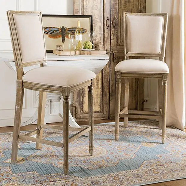 French Country Linen Upholstered Bar Stool Set of 2 Antique Farmhouse