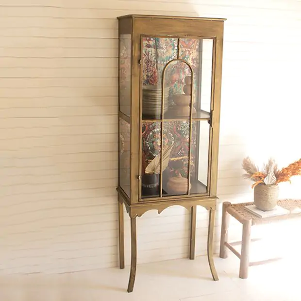 Kalalou Gold Metal and Glass Cabinet with Colorful Print Back