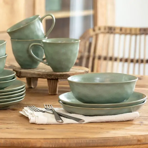 Glazed Sage Stoneware Bowl Set of 4 Antique Farmhouse