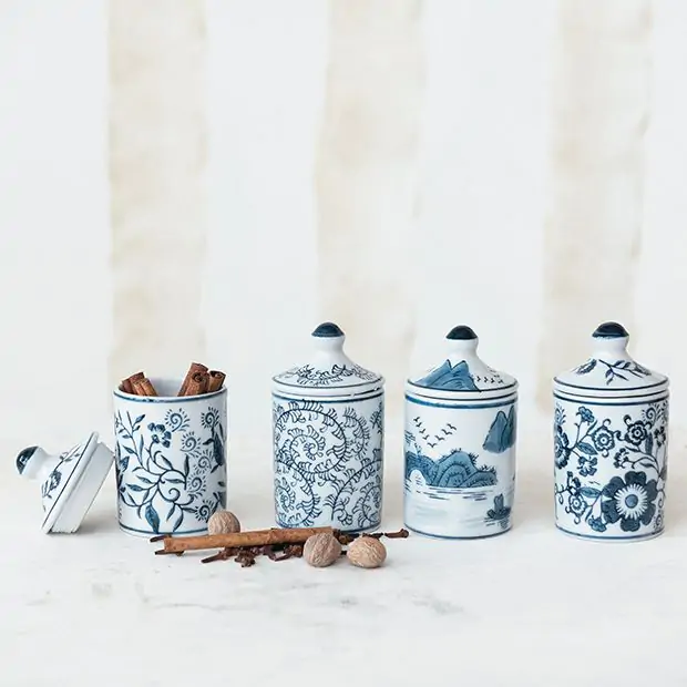 Hand Painted Lidded Stoneware Spice Jars Set of Antique Farmhouse