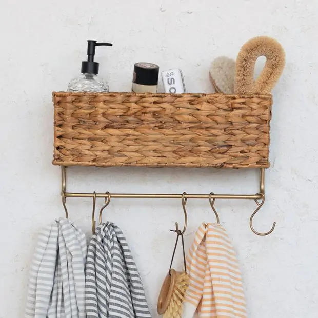 Hand Woven Wall Basket With Hooks Antique Farmhouse