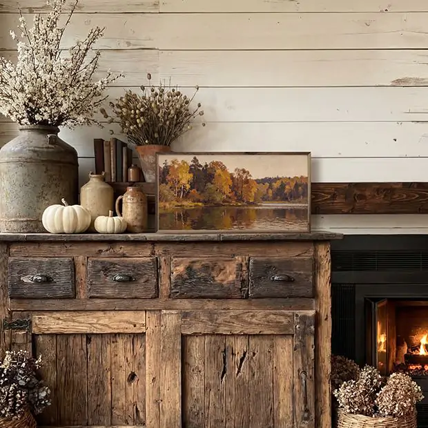 Lakeside Timber In Autumn Framed Wall Art | Antique Farmhouse