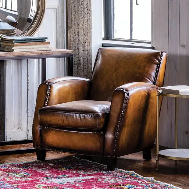 Leather Upholstered Reading Club Chair Antique Farmhouse