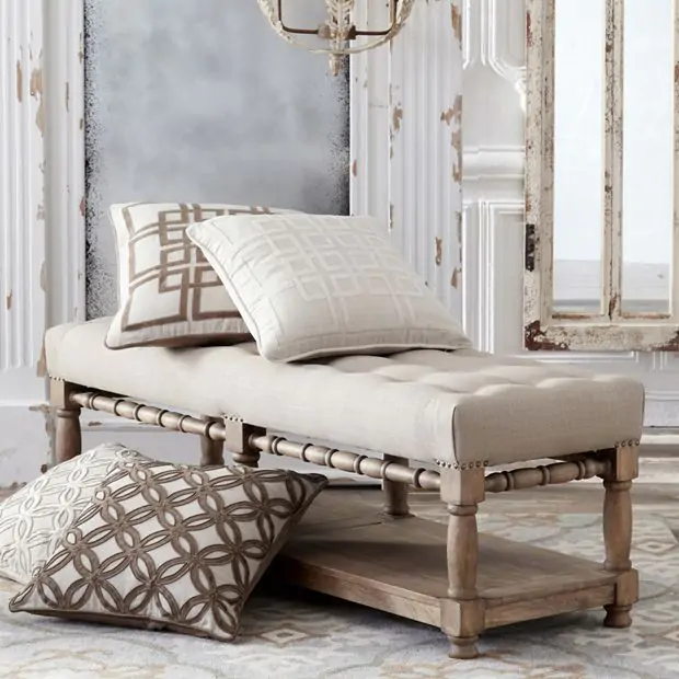 Luxurious Linen Upholstered Bench Antique Farmhouse