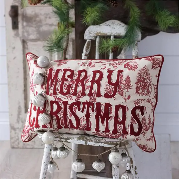 Merry Christmas Toile Accent Pillow Antique Farmhouse