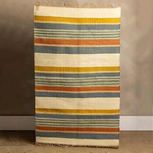 Multicolor Striped Casual Jute Fringed Accent Rug | Antique Farmhouse