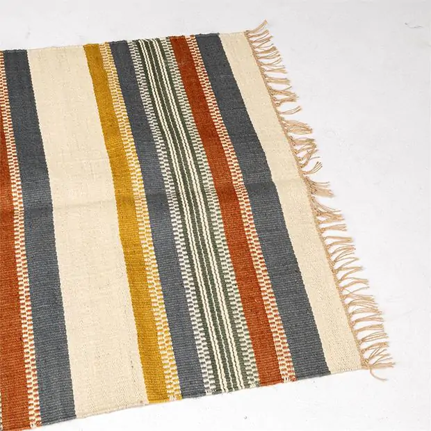 Multicolor Striped Casual Jute Fringed Accent Rug | Antique Farmhouse