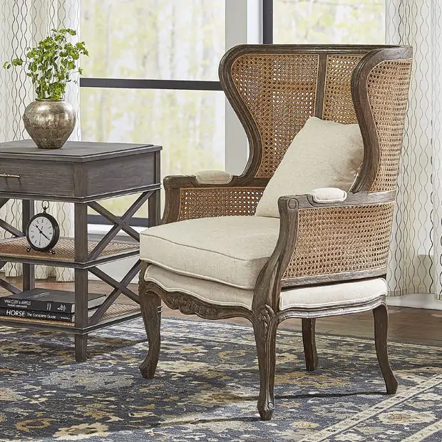 Natural Rattan Cushioned High Back Host Chair Antique Farmhouse