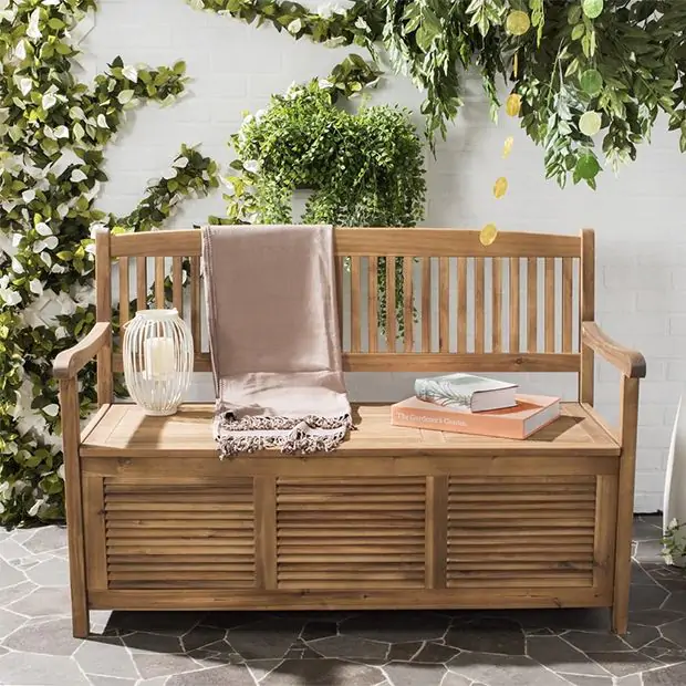Natural Wood Patio Storage Bench Antique Farmhouse
