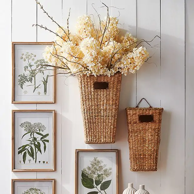 Natural Woven Hanging Wall Basket Set of 2 Antique Farmhouse