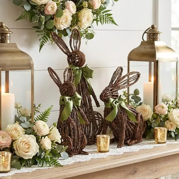 Open Vine Bunny With Green Bow | Antique Farmhouse